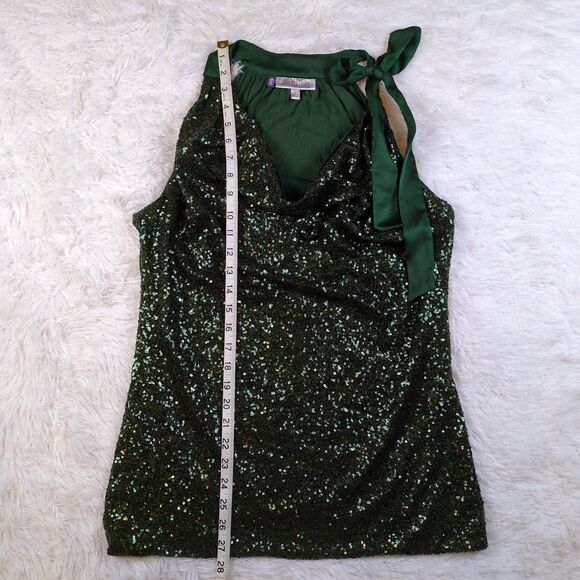 Jennifer Lopez Women L Sequin Cowl Neck Drape Top Shoulder Bow Tie Emerald Green - Picture 7 of 10